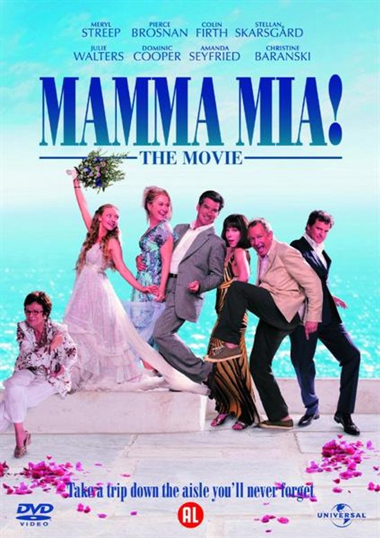 Mamma Mia! The Movie DVD-hoes met cast, bruid met boeket, bloemblaadjes op de grond.