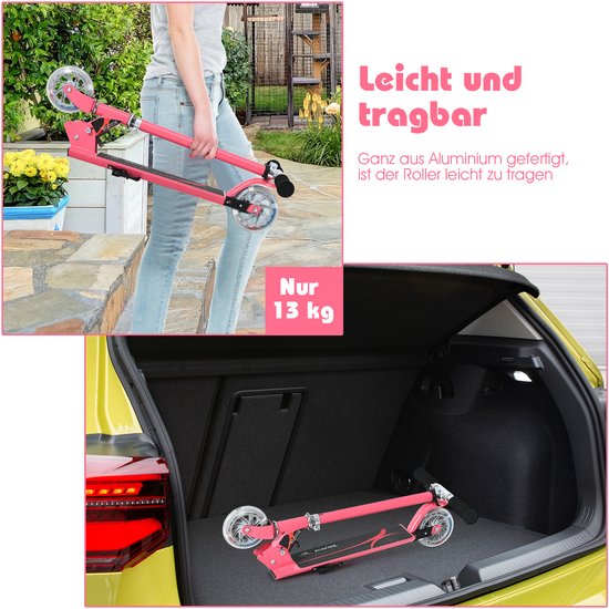 Trottinette rose en aluminium, légère (13 kg), idéale à transporter dans un coffre de voiture.