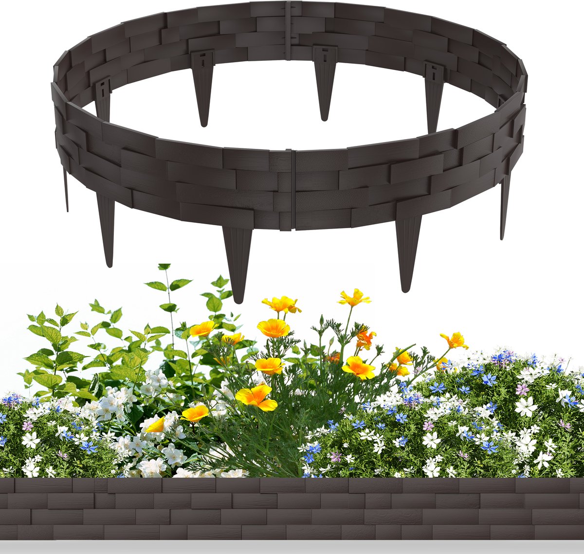10m Kunststof Grasrand (Steenlook) - Beeteinfassing, Tuinborder, Maaibord - Bruin