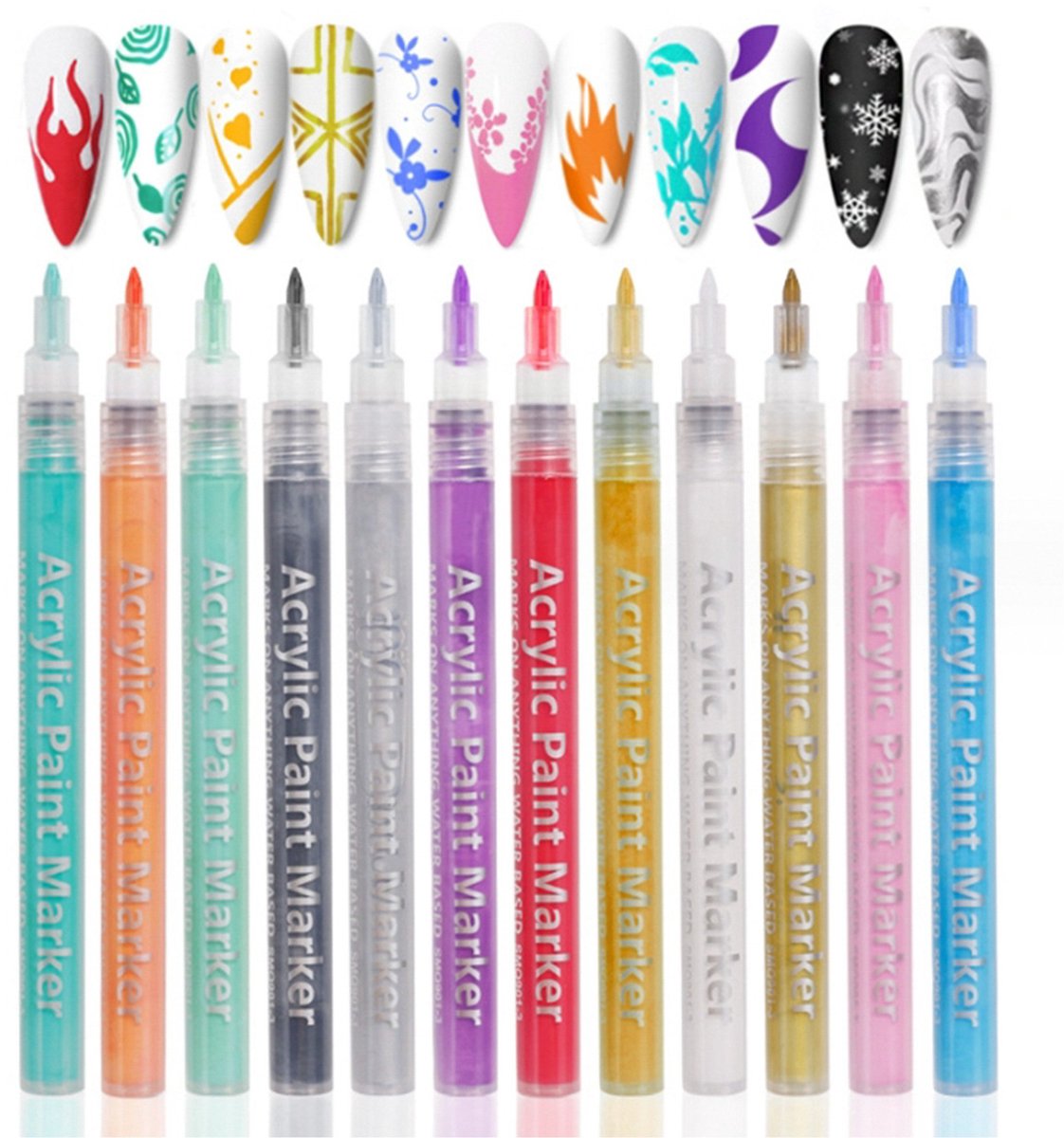 NAXSIR 12 stuks Acryl Nagel Penset – Doodle Pen voor Nail Art | Handgeschilderde Bloemen, Stippen & Lijnen | DIY Nageldesign | Waterproof & Langdurig