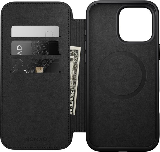 Coque Nomad adaptée à Apple iPhone 16 Pro Max | Folio en cuir moderne | Compatible avec MagSafe et le chargement sans fil | Book Case avec porte-cartes | Cuir véritable | Marron