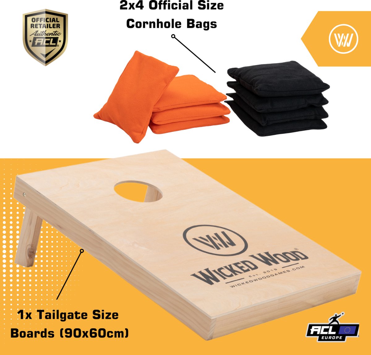Wicked Wood Games – Cornhole Starting Kit – 90x60 cm – Inclusief 1 Board en 8 Zakjes – Officiële ACL Licentie — afbeelding 2