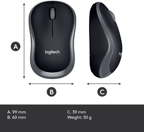 Afmetingen van een Logitech M185 muis, grijs, met hoogte- en breedtematen.