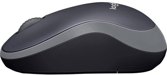 Zijzicht van een antracietgrijze Logitech M185 muis met grijze strip.