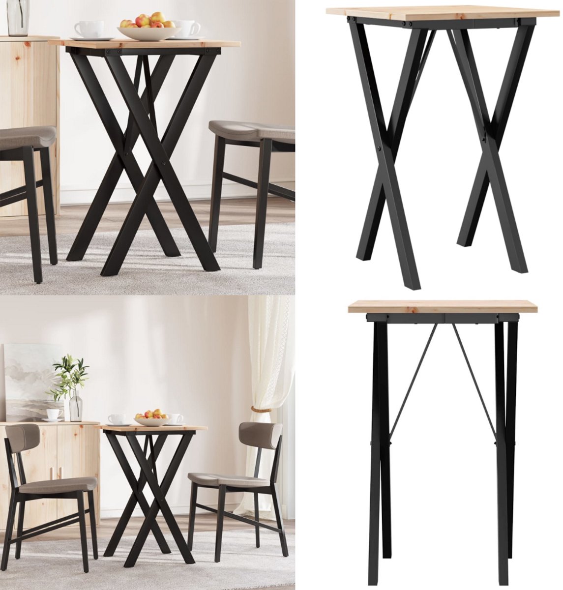 vidaXL Eettafel - X-frame - 50x50x75 - cm - massief - grenenhout - en - staal Bruin
