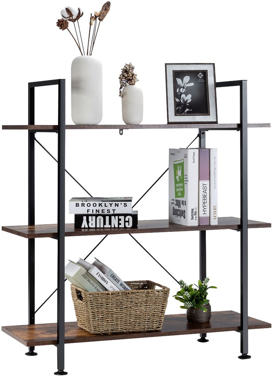 COSTWAY Boekenkast met 3 niveaus, vrijstaande boekenkast van hout voor presentatie, staand rek, kantoorrek, industrieel met metalen frame, ruimteverdeler voor woonkamer, slaapkamer, 90 x 36 x 99 cm