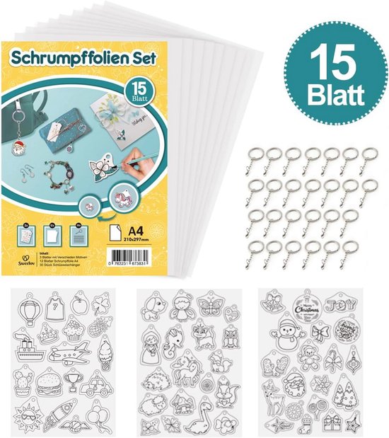 Frasheng 204 stuks krimpfolieset, krimpfolieset om te knutselen, inclusief A5-krimppapier, sleutelhanger, potloden, kogelkettingen, oorhaken, perforator, pincet voor doe-het-zelf, krimpfolieset voor