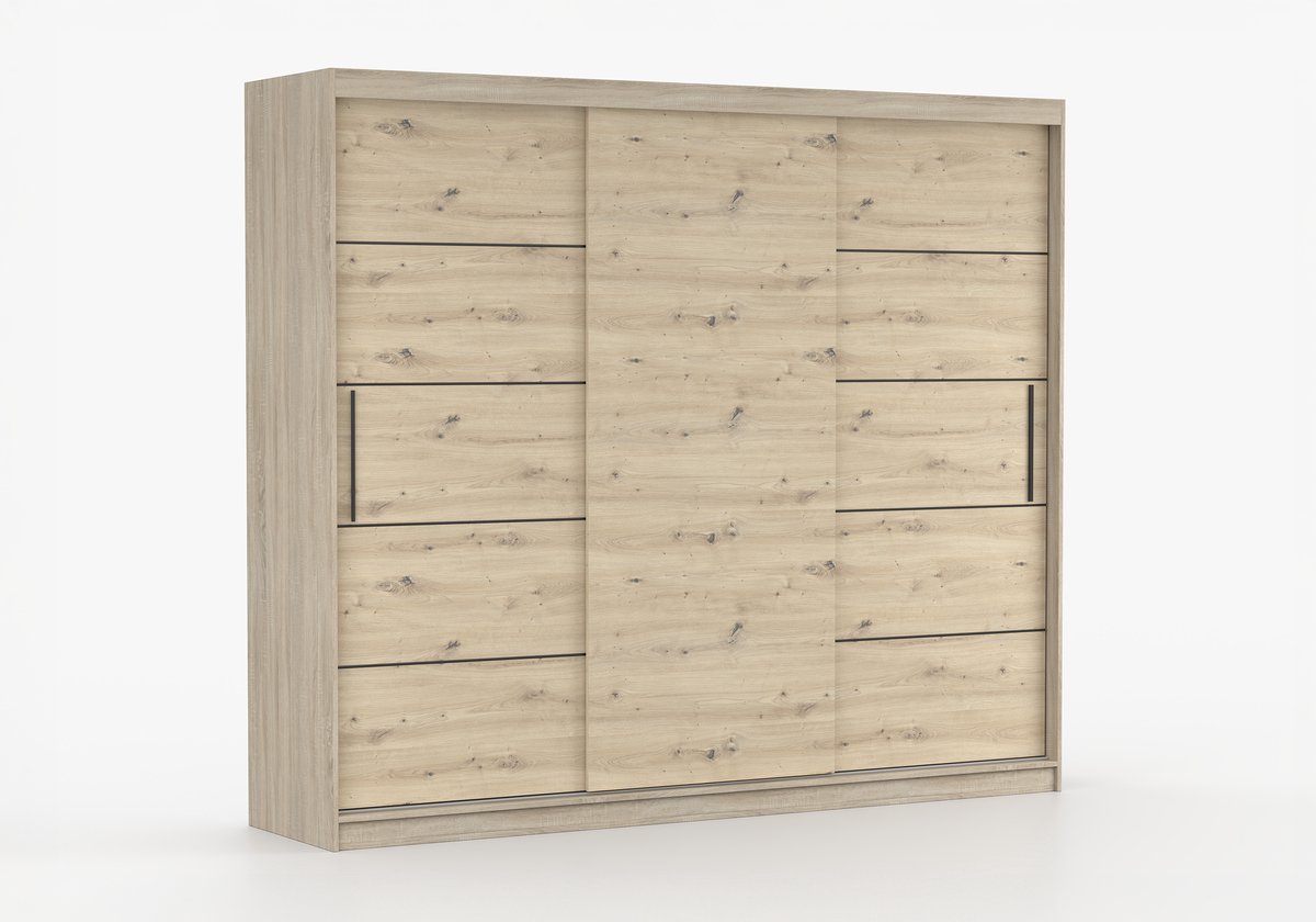Schuifdeurkast ELBA II – 3-deurs kledingkast, legplanken en kledingroede – modern design – 250x218x61 cm - ELBA II (Sonoma + Artisan)