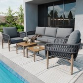 Tuin lounge stoel set, tuinmeubelset met comfortabele kussens, 3-zits bank, 2 fauteuils en 2 salontafels, buiten, WPC tafelblad, houtnerf lak, gegalvaniseerd staal, grijs
