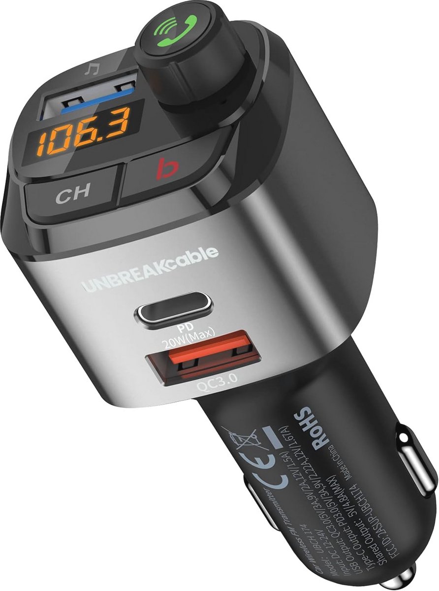 Bluetooth FM-zender met autolader, handsfree-functie en bass-versterker
