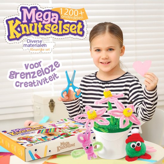 Een meisje met een zwart-wit gestreepte trui houdt een roze hart vast en knutselt met de Mega Knutselset. Ernaast staan knutselbloemen en een groen figuurtje.