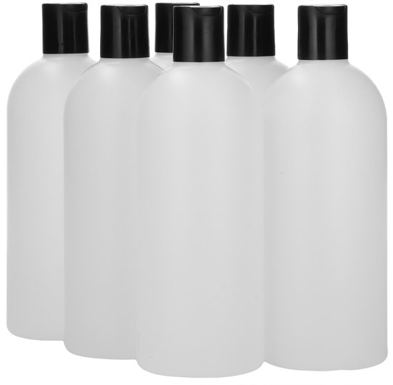 Bouteille ronde en PEHD naturel (6 x 500 ml) + bouchon noir - Sans BPA - Incassable - Bouteilles en plastique rechargeables - Avec bouchon - Bouteilles vides - Lot de 6
