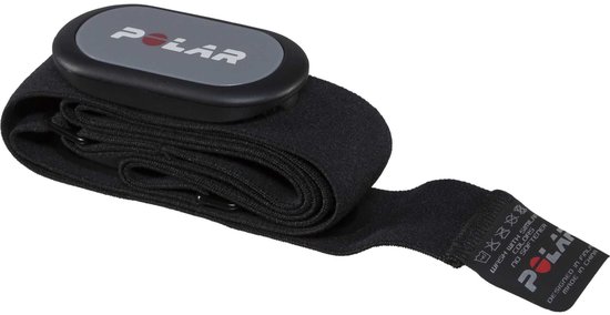 Zwarte Polar hartslagborstband met grijze sensor, witte opdruk "POLAR" met rode stip.