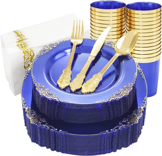 KAHEIGN 175 stuks herbruikbaar kerstservies set, groen plastic servies met gouden rand - 25 dinerborden, 25 slaborden, 25 messen, 25 vorken, 25 lepels, 25 servetten voor 25 gasten kerstfeest