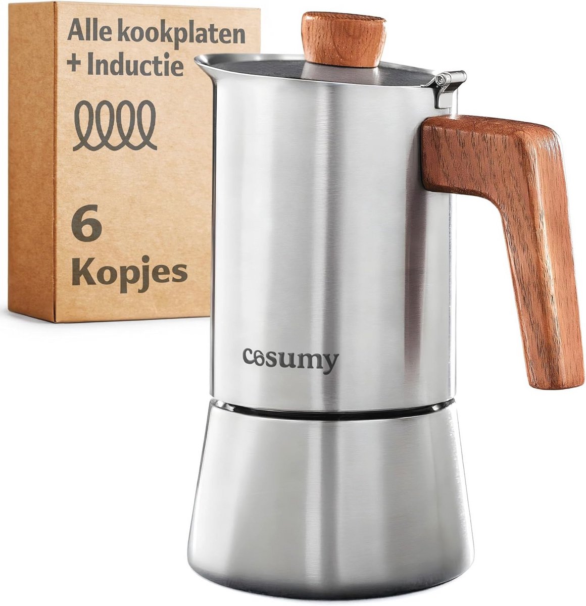 Espressomaker voor 6 kopjes van roestvrij staal en eikenhout - Geschikt voor inductie en gas