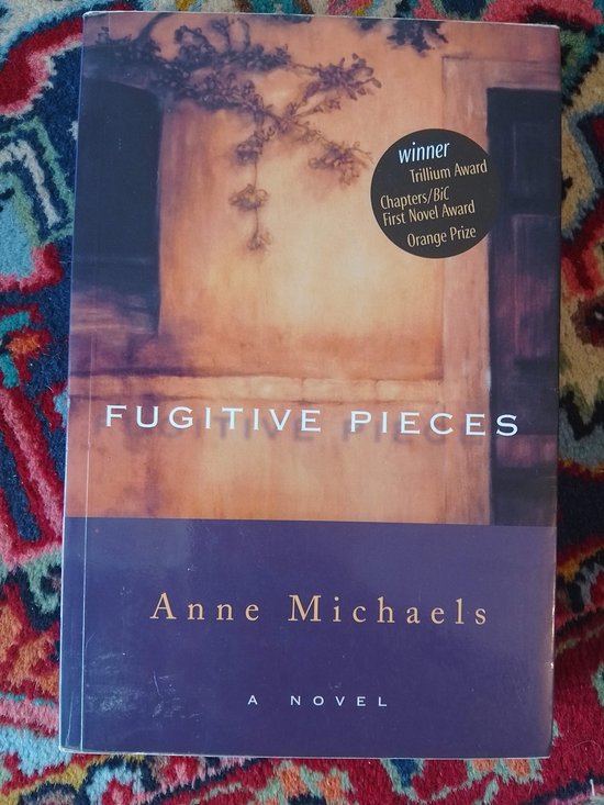 Fugitive Pieces, een roman van Anne Michaels. De cover toont een schilderij van een muur met een tak.