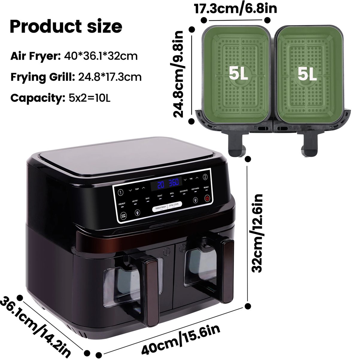 Afbeelding 2 van Airfryer - Airfryer xxl - Heteluchtfriteuse - Touchscreen - 2 compartimenten met kijkvenster - Gescheiden instellingen - 10L