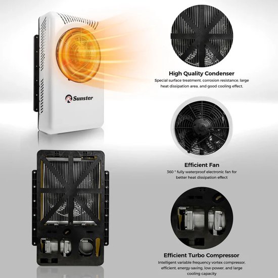 Sunster airconditioner met oranje gloed uit de ventilator. Details van de hoogwaardige condensor en efficiënte ventilator.