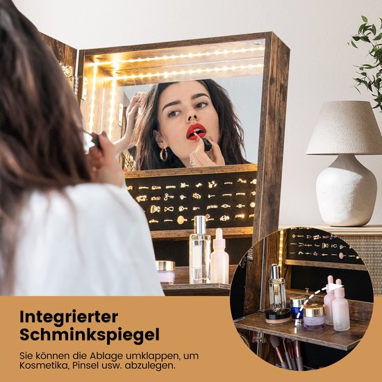 Staande Juwelenkast met LED-Verlichting Afsluitbare Kast met Verlichte Spiegel Over de Hele Lengte Lippenstiftdoosje & 2 Lades - Costway