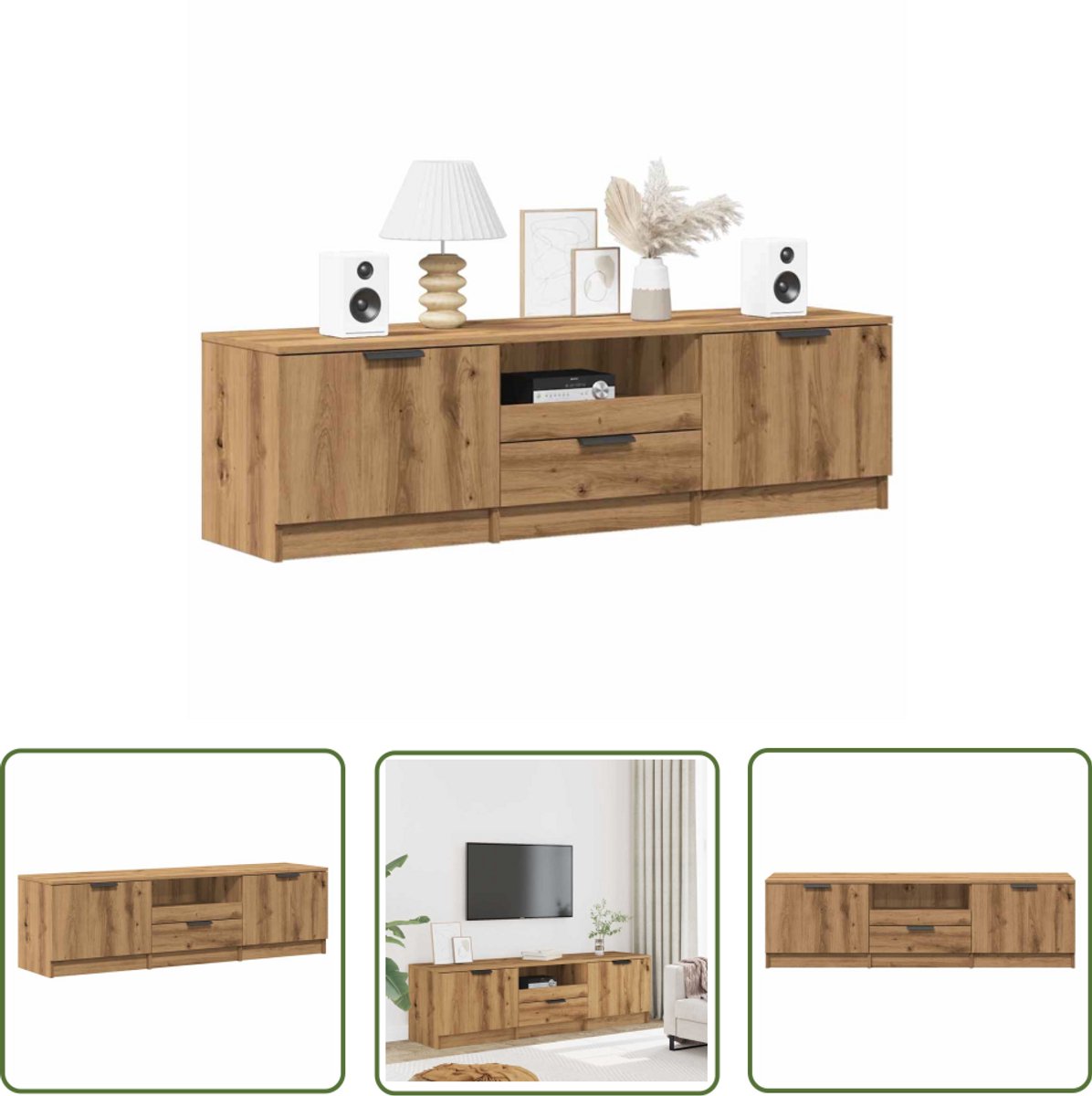 vidaXL Salontafel - Tv Meubel - Tv-meubel 140x35x40 cm bewerkt hout artisanaal eikenkleur - Houten Tv Kast - Opbergkast - Media Kast