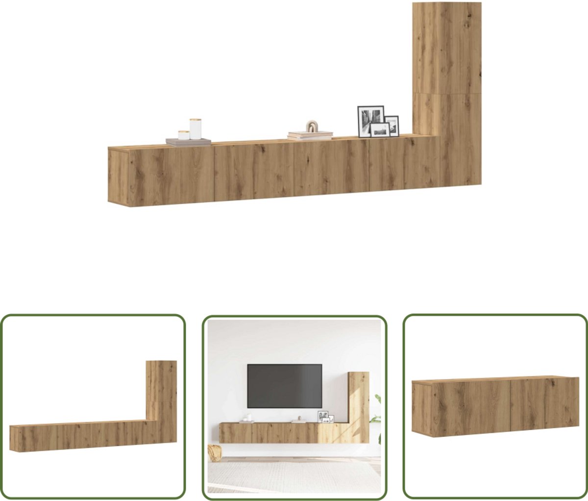 vidaXL Salontafel - Tv Meubel - 3-delig Tv-meubelset wandmontage bewerkt hout artisanaal eiken - Houten Tv Kast - Wandmontage Tv Kast - Mediabox