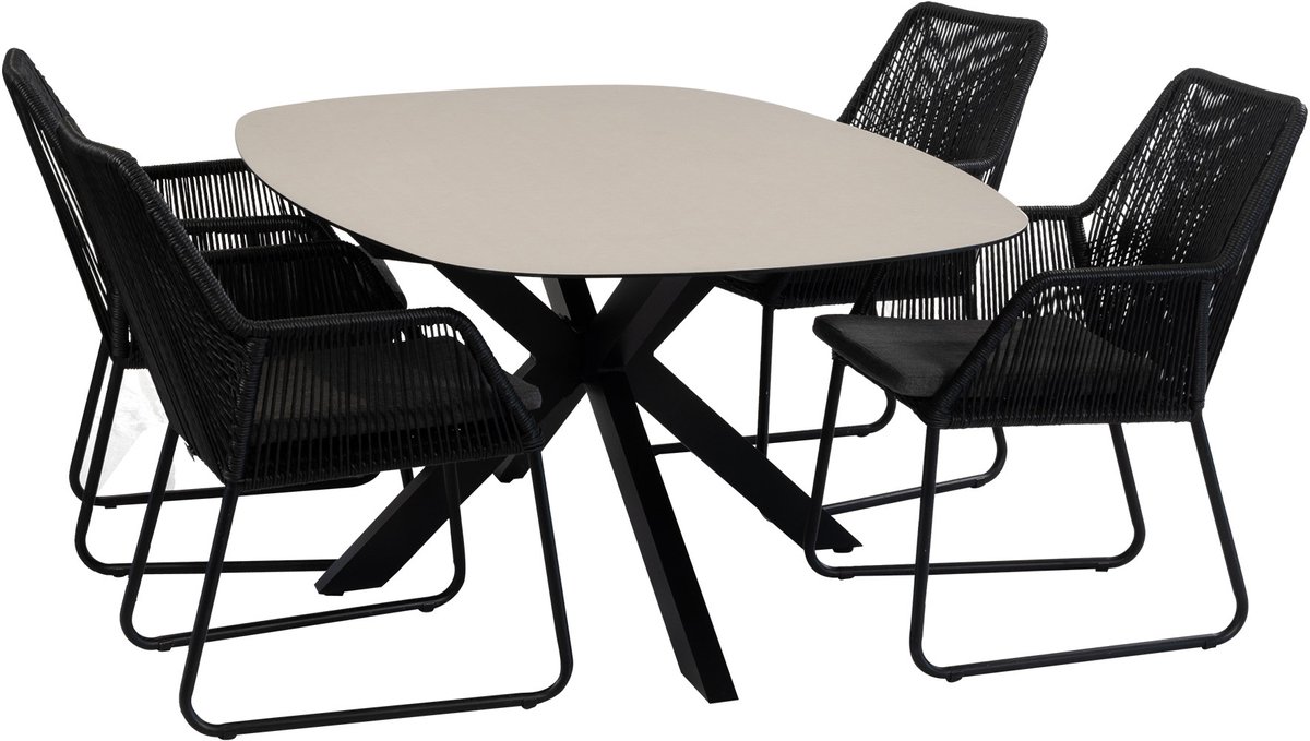 5-delige tuinset | 4 Mona tuinstoelen (Black) | Tuintafel Malaga 180x115 cm (Black)