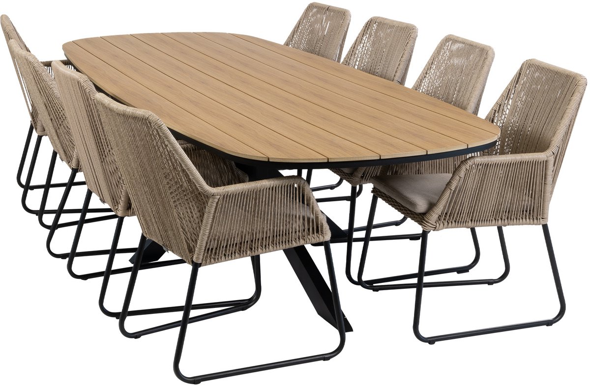 9-delige tuinset | 8 Mona tuinstoelen (Sand) | Tuintafel Cadiz 280x115cm (Black)