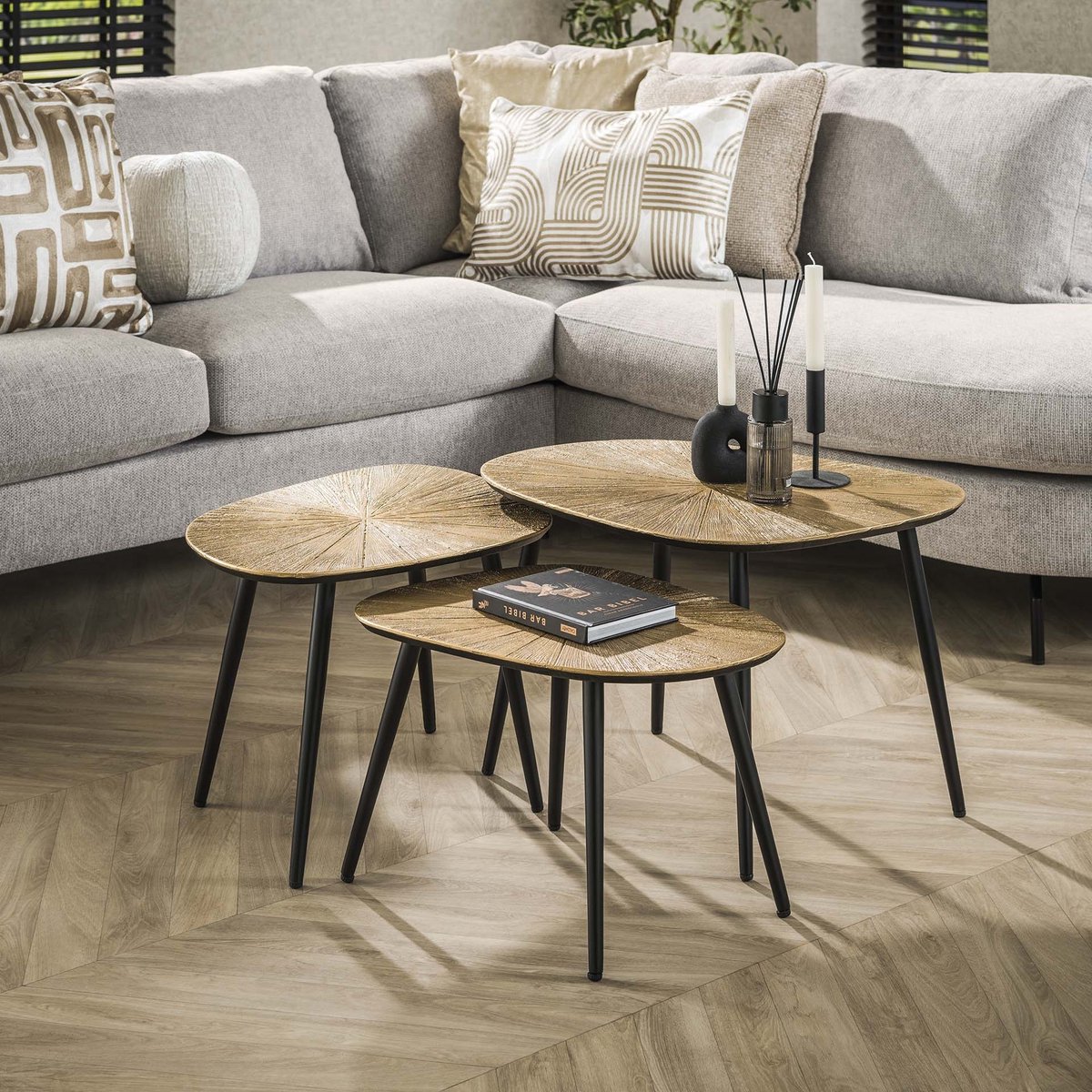 PS-Collection Ray Salontafel Set van 3 - Vierhoekig - 62x51x43cm - Brons - Metaal - salontafels rond, salontafels, salontafel zwart, salon tafel, salontafel rond, salontafel industrieel, salontafel vierkant, salontafel marmer, salontafel wit