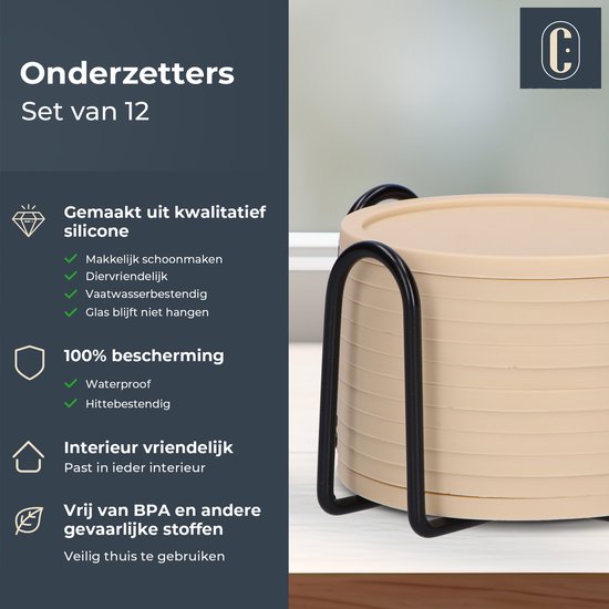 Sous-verres en Siliconen Castagnola – Sous-verres de Sous-verres Design avec support – Set de 12 dessous de verre antidérapants – Beige