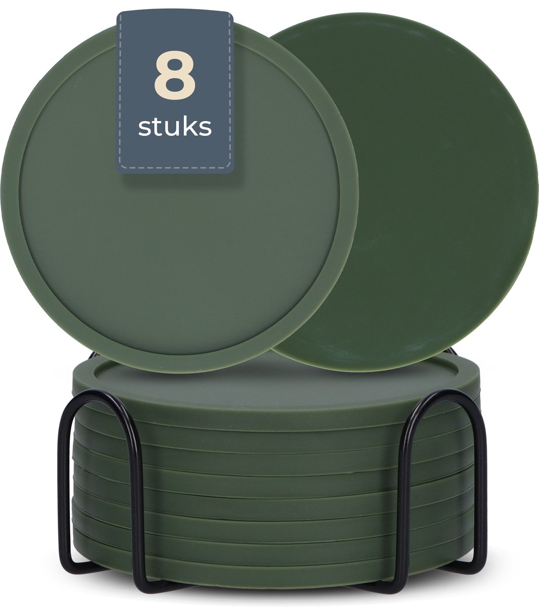 Castagnola Siliconen Onderzetters – Onderzetters voor Glazen – Design Onderzetters met Houder – Onderzettersset – Anti Slip - Set van 8 – Groen