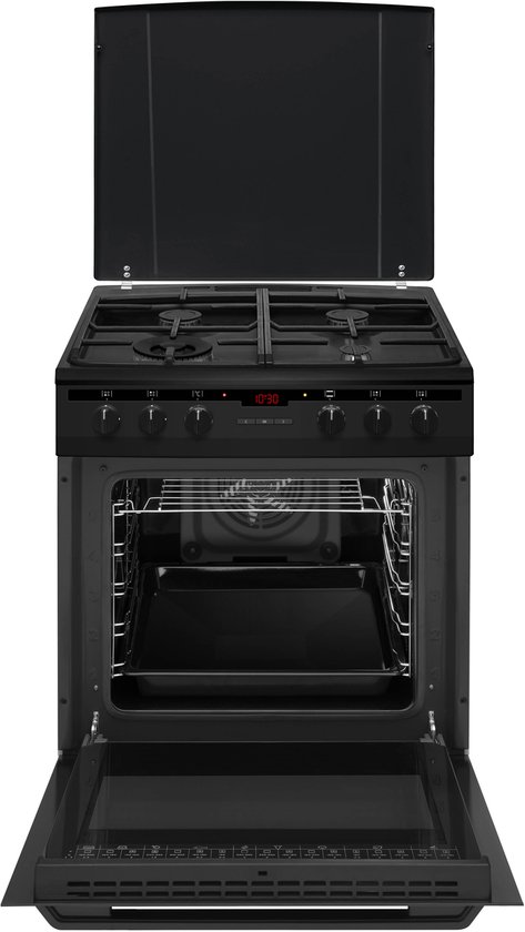 Zwart gasfornuis met open oven en open bovenklep. Oven met bakplaat en rooster.