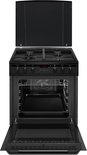 Zwart gasfornuis met open oven en open bovenklep. Oven met bakplaat en rooster.