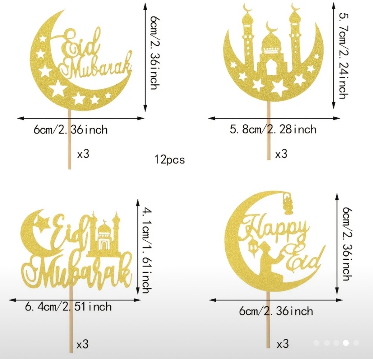 Eid Moubarak toppers - Goud - 12 stuks - Suikerfeest decoratie 2025