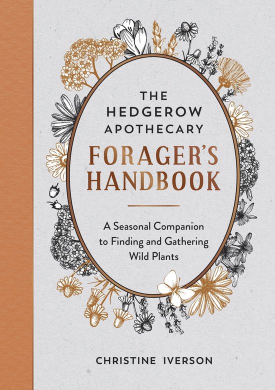 Couverture de 'The Hedgerow Apothecary Forager's Handbook' avec des illustrations botaniques oranges et noires, et le titre dans un ovale.