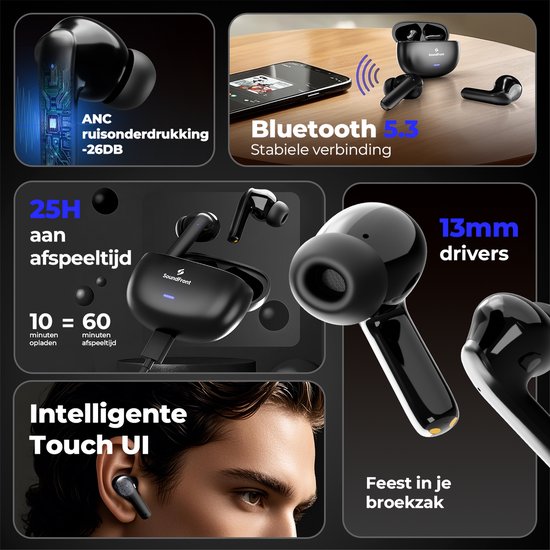 Collage van zwarte draadloze oordopjes met functies zoals ANC, 25 uur afspeeltijd, Bluetooth 5.3, 13 mm drivers en intelligente Touch UI.