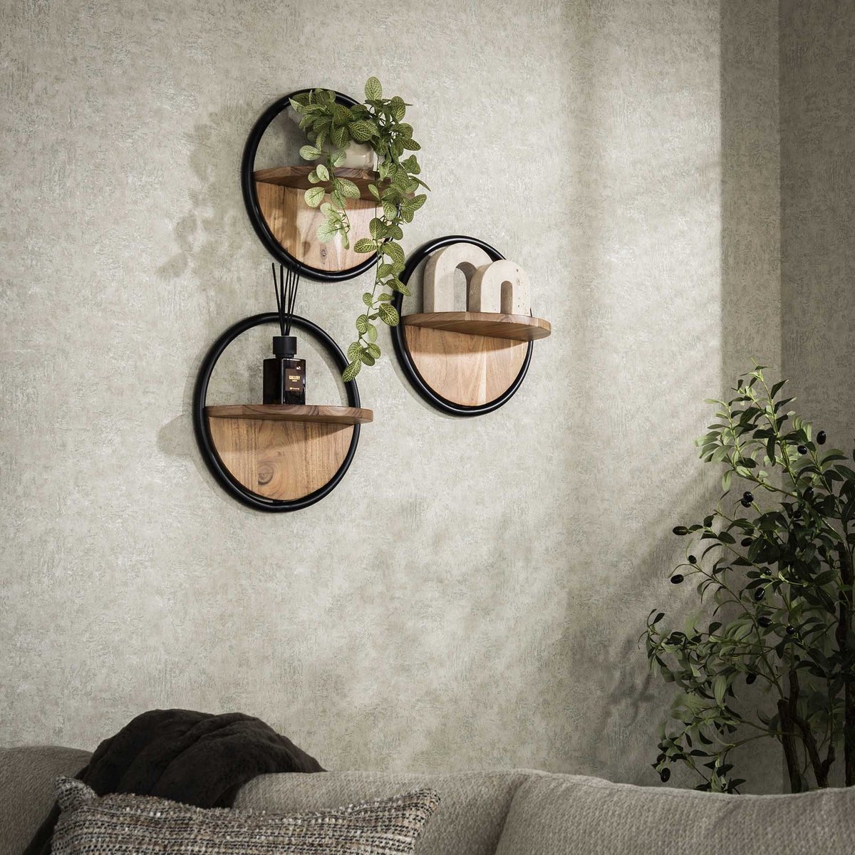 PS-Collection Rond Wandschap Set van 3 - 35x17x35cm - Naturel/Zwart - Acacia/Metaal - wandplank - wandrek industrieel - wandrek metaal zwart - wandrek rond - wandrekken - wandplank zwevend - wandplank hout - wandkubus - boekenplank