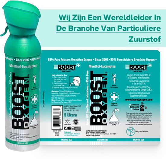 Boost Inhaler Boost Oxygen 5L - Menthol-Eucalyptus - 95% Pure Zuurstof - Tot wel 600 ...