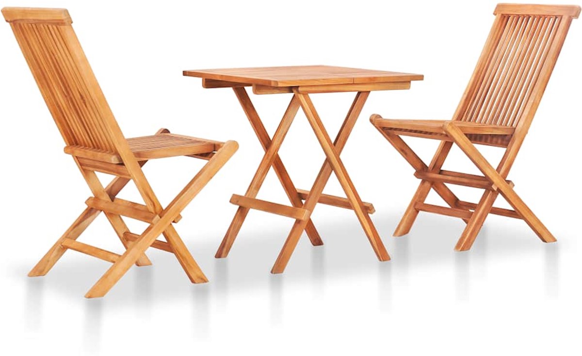 Bistroset met antracietkleurige kussens en teakhouten stoelen in tuinsetting.