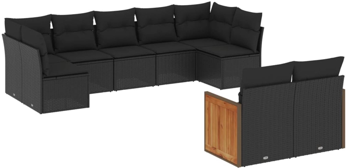 The Living Store 9-delige Loungeset met kussens poly rattan zwart - Loungebank - Tuinset - Lounge Set - Tuinmeubles - Buitendecoratie
