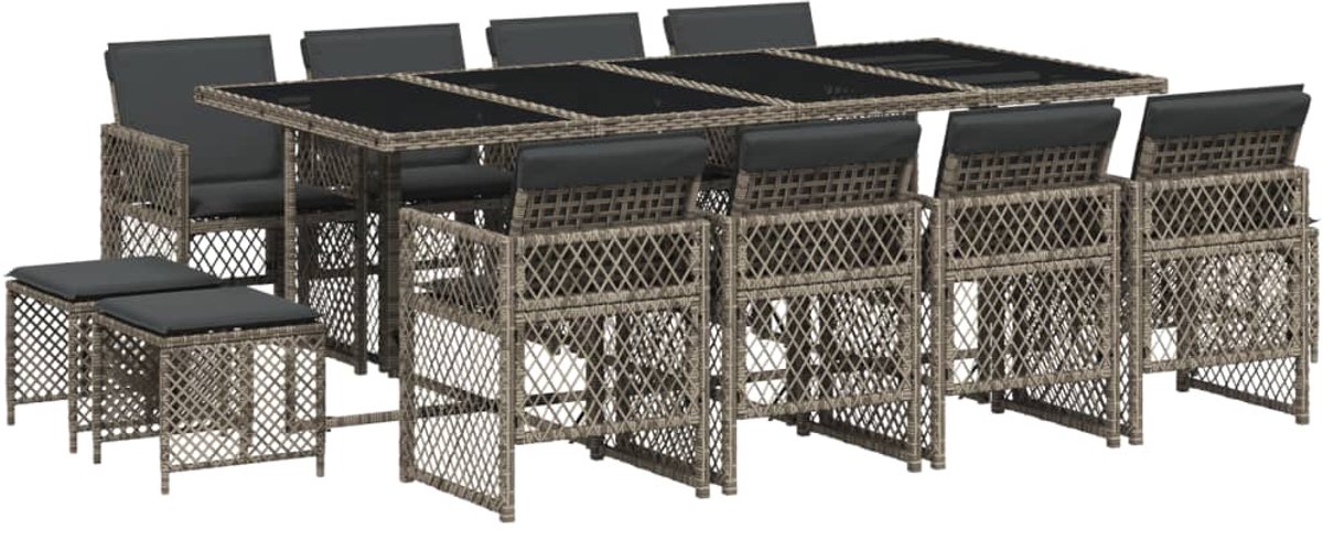 The Living Store 13-delige Tuinset met kussens poly rattan grijs - Tuinmeubles - Tuinset - Eetkamerset - Buiszitter - Lounge Set