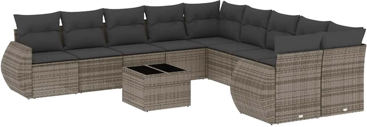 11-delige loungeset met lichtgrijze kussens, poly rattan, Tuin Lounge Set.
