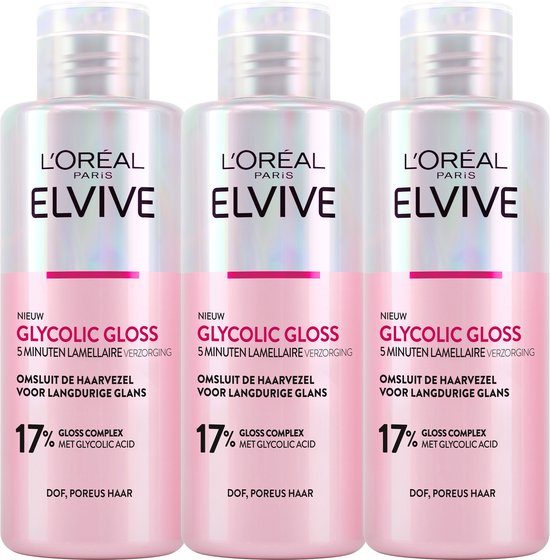 L'Oréal Paris Elvive Glycolic Gloss - 5 Minuten Lamellaire Verzorging - Voor dof, poreus haar - 3x 200ml