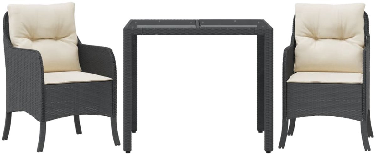 The Living Store 3-delige Tuinset met kussens poly rattan zwart - Tuinset - Buitendecoratie - Lounge Set - Eetkamerset - Pe Rattan