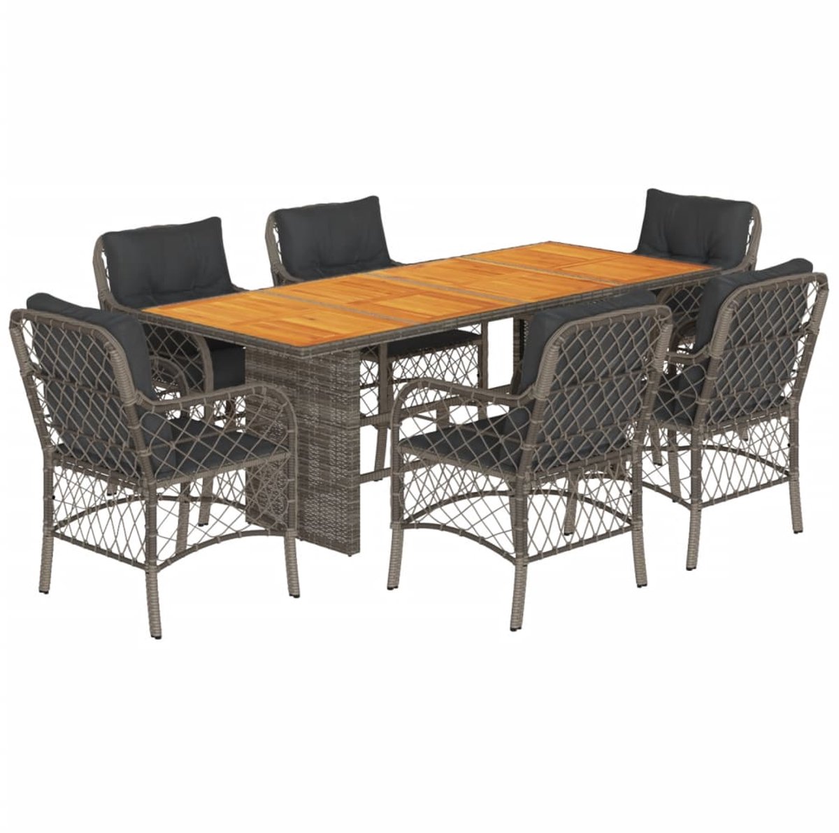 Grijze poly rattan tuinstoel met kussens en buis meubel design.