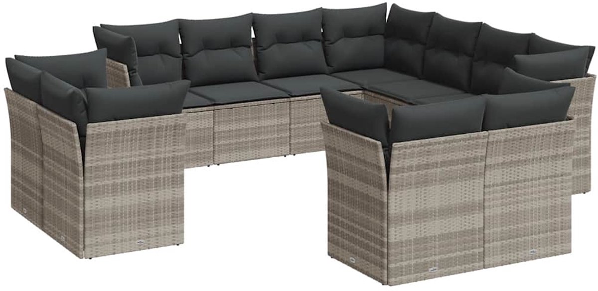 The Living Store 11-delige Loungeset met kussens poly rattan lichtgrijs - Loungebank - Tuinset - Lounge Set - Buitendecoratie - Tuinmeubelen