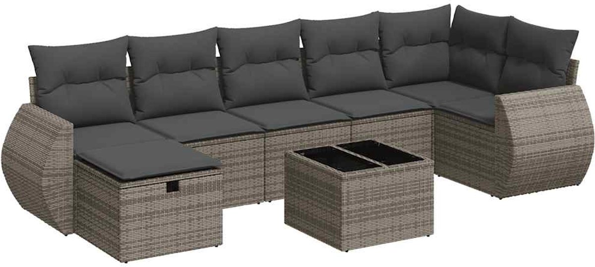 The Living Store 8-delige Loungeset met kussens poly rattan grijs - Loungebank - Lounge Set - Buitendecoratie - Tuinmeubelen - Loungestoel