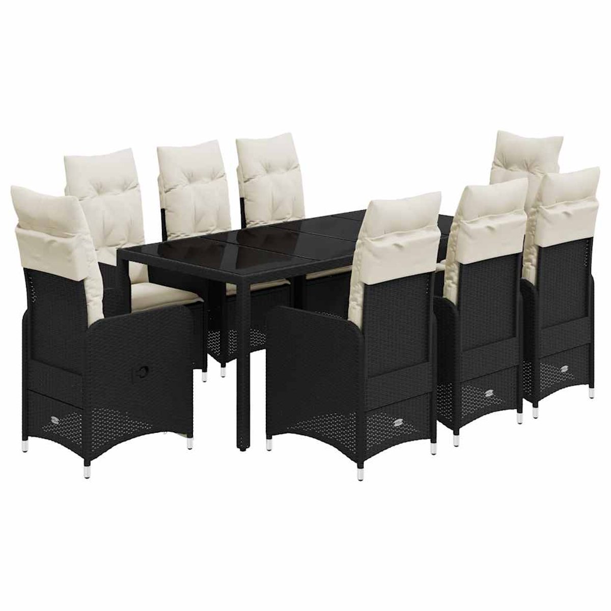 Zwarte poly rattan bistroset met kussens voor tuindecoratie.