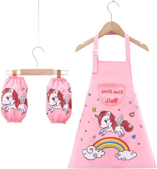 Keukenschort voor kinderen, wit, schort en kokshoed, set voor koken, schilderen, handwerk, verstelbaar, peuterschort met 2 zakken voor meisjes en