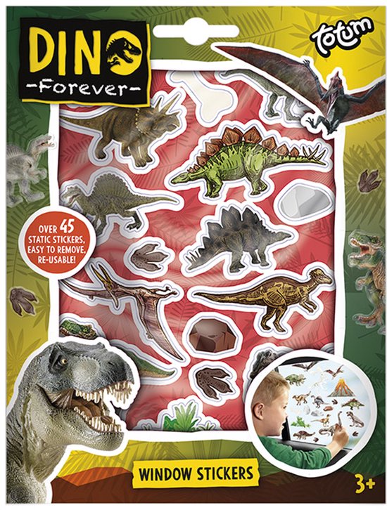 Totum Dino 45 raam stickers dinosaurus - voor thuis en op reis - speelgoed stickeren junior vanaf 3 jaar - niet permanente verplaatsbare stickers