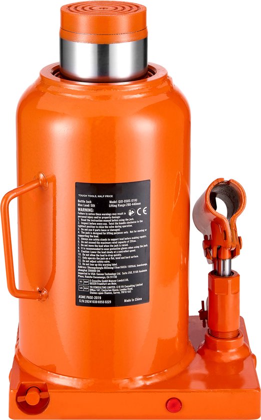 Cric hydraulique pour voiture, capacité 50 tonnes, plage de levage 11 - 17,32 pouces, poignée 3 pièces, pour usage automobile et industriel